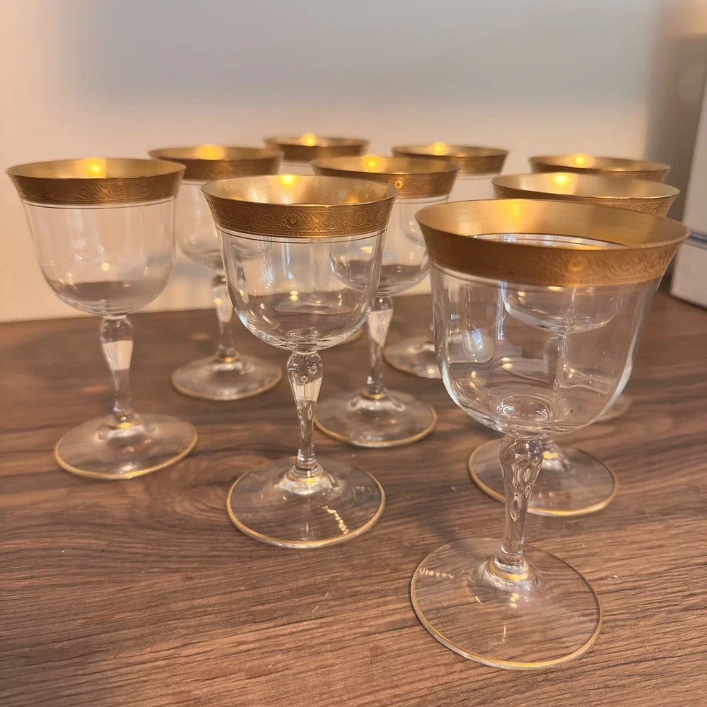 Tiffin Gold Encrusted Crystal Cordial Wine Glasses Set of 9 Scroll Rim MCM Deco